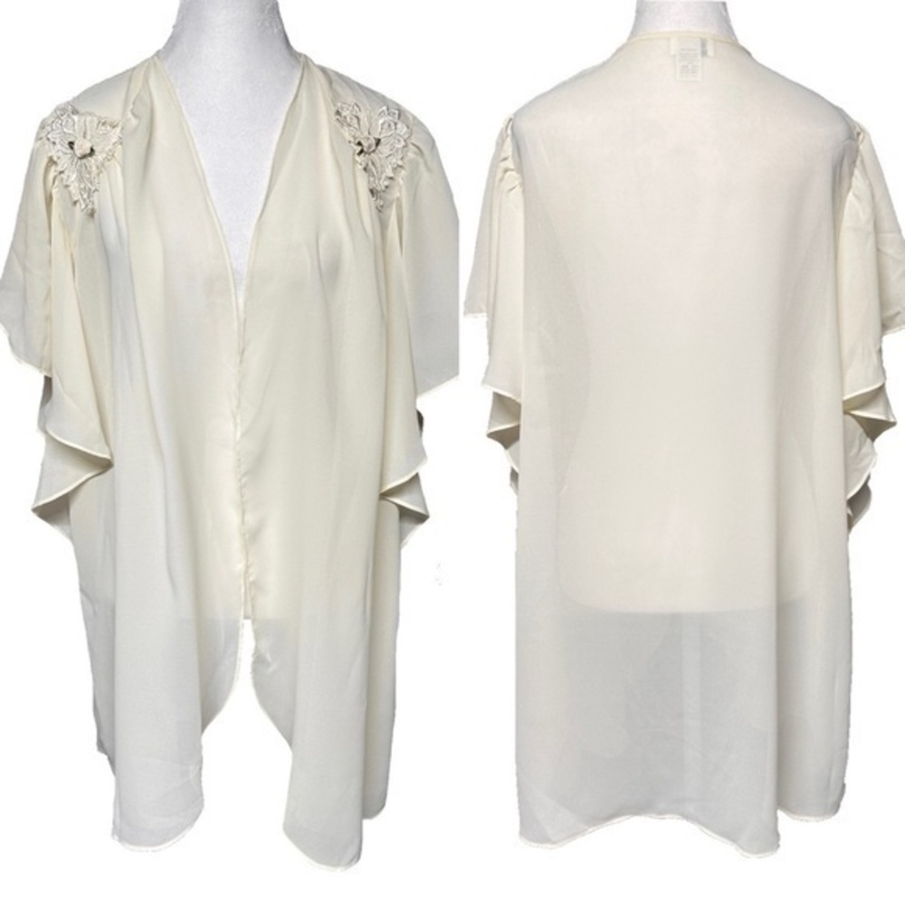 Cinema Etoile Sheer Chiffon Robe Cover Up Ivory Lace Flower Sexy Lingerie Medium